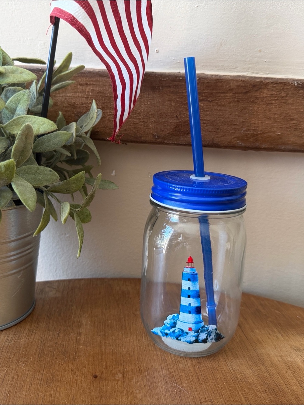 Blue Mason Jar Tumbler with Straw - Nautical Lighthouse Design